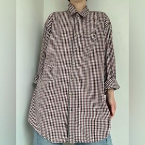 Oversized 90’s Men's Tangerine and Blue Windowpane Plaid Button-Down Shirt